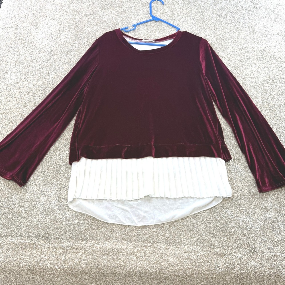 Adora Burgundy Velvet Split Back Top White Pleated Bell Sleeve Large Christmas